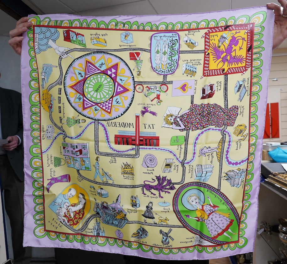 Grayson Perry, silk scarf, in black Tate box with original Tate shop receipt, dated 05/06/2020. 90cm x 90cm. Condition - the black tissue paper seal has been broken, the silk scarf is in good condition, both box and rece